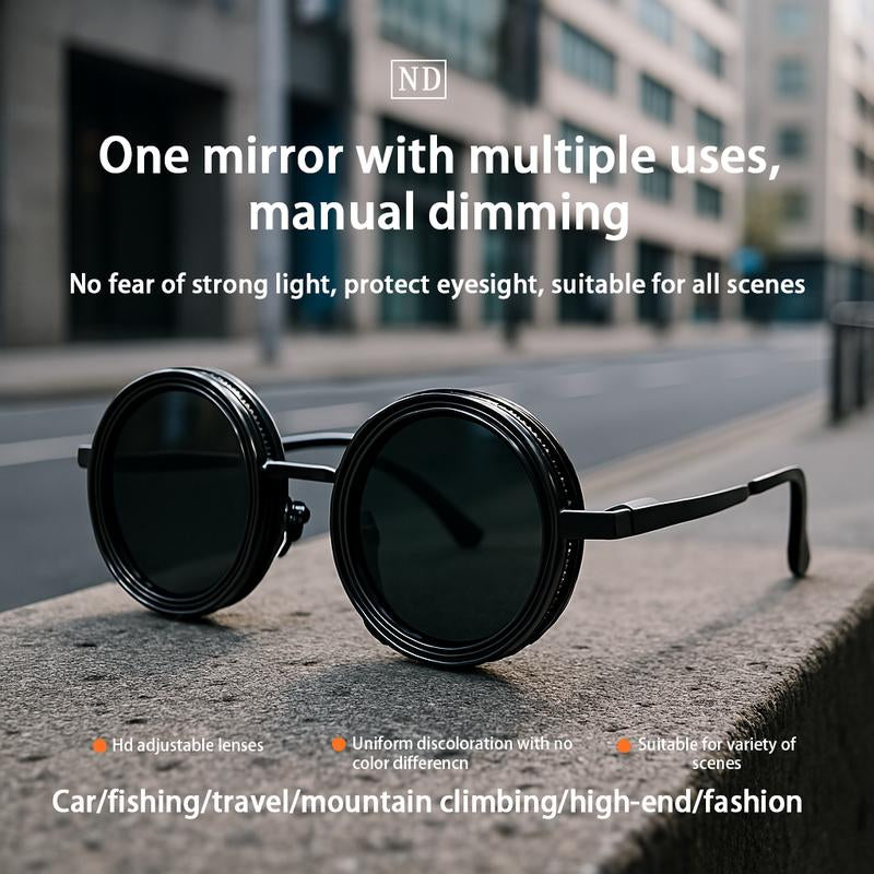 UV400 Rounded Polarized Glasses ND9 Stepless Dimming 1-9 Gears UV Protection Eyewear for Men Beach Shady Rays Frames Sunglasses with ND Filter Lenses Anti-Glare Men Gifts