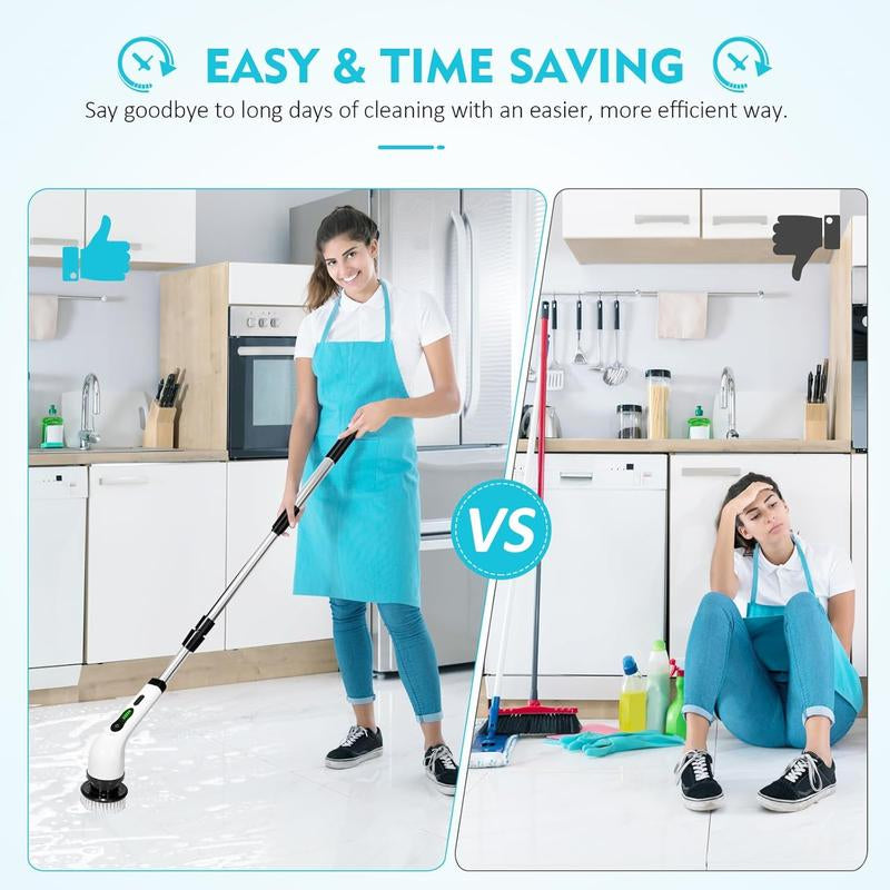 Electric Spin Scrubber, 1 Set Electric Cleaning Brush with 9 Replacement Heads & Removable Telescopic Pole, Household Cleaning Tool for Bathroom, Kitchen, Car, Bathroom Accessories