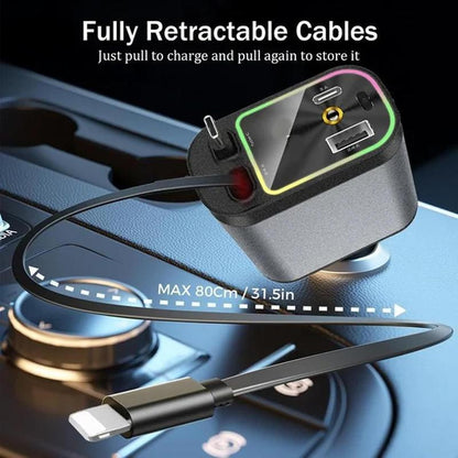 Car Charger with Starlight, 4 in 1 Retractable 66W USB C Car Charger with 2 USB Ports, Fast Car Charger Compatible with Iphone 16 and Android
