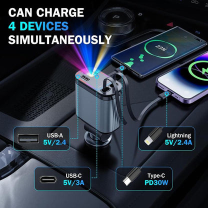 Car Charger with Starlight, 4 in 1 Retractable 66W USB C Car Charger with 2 USB Ports, Fast Car Charger Compatible with Iphone 16 and Android
